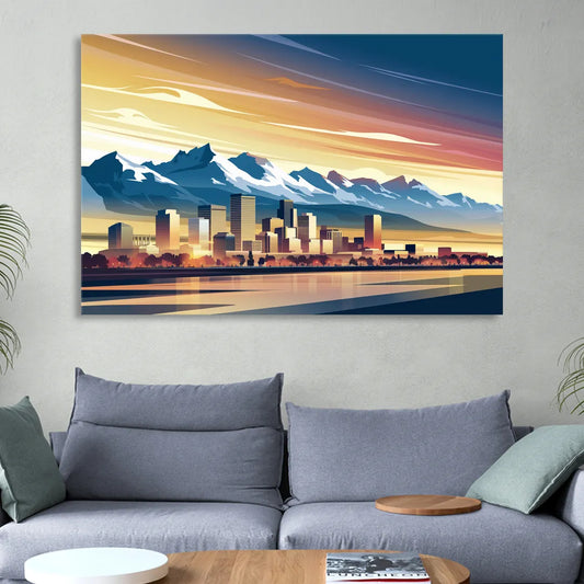 Denver Sunset Over Rockies Living Room - Canvas Wall Art