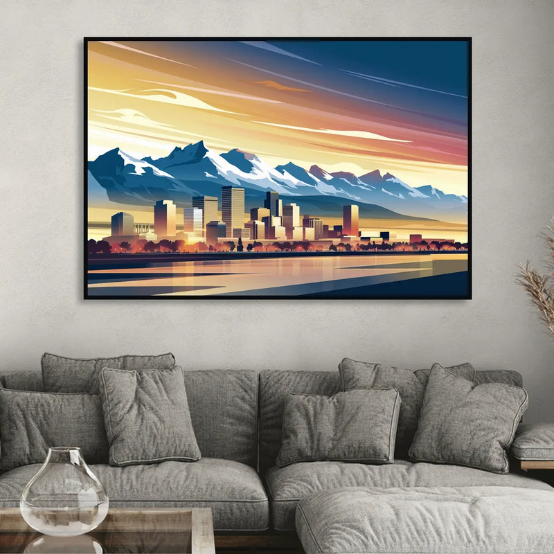 Denver Sunset Over Rockies Sitting Room - Black Canvas Wall Art