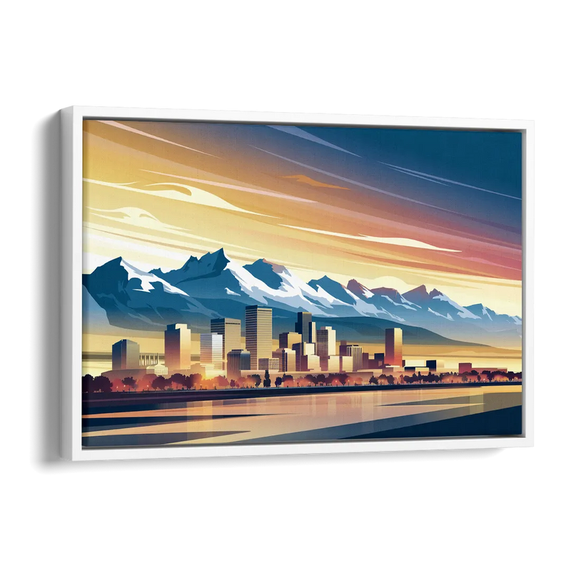 Denver Sunset Over Rockies Side - White Canvas Wall Art
