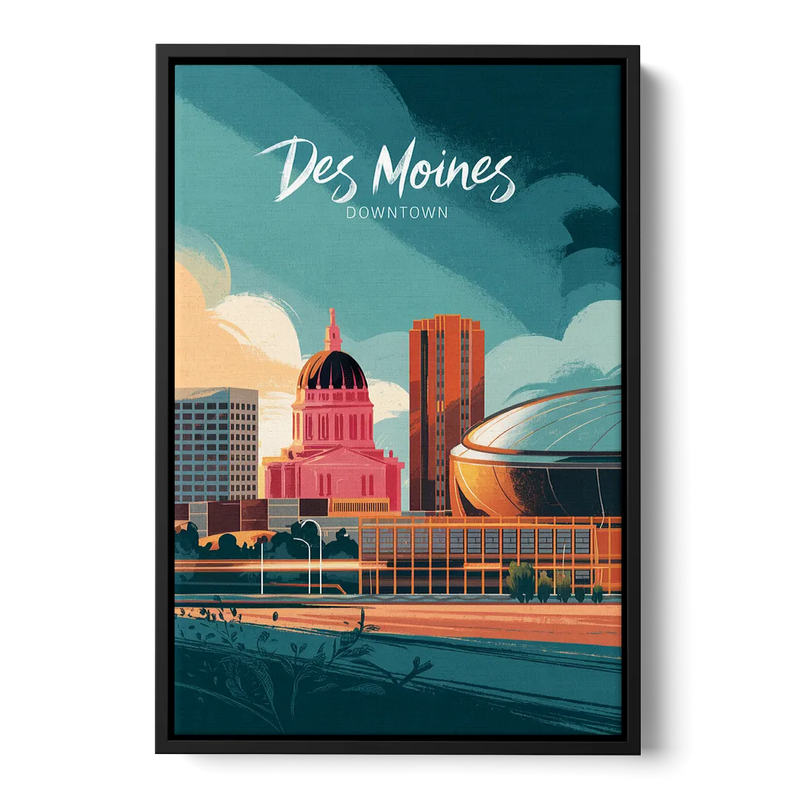 Des Moines Downtown Sunset Front - Black Canvas Wall Art
