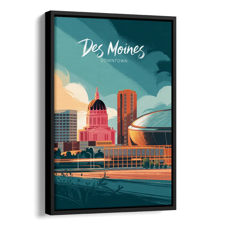 Des Moines Downtown Sunset Side - Black Canvas Wall Art
