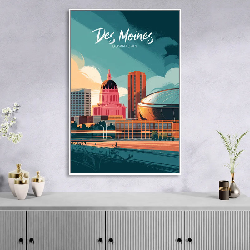 Des Moines Downtown Sunset Sitting Room - White Canvas Wall Art