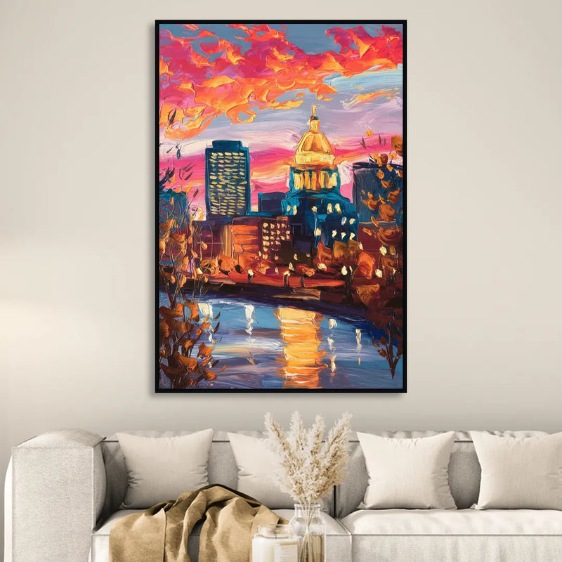 Des Moines Evening Lights Living Room - Black Canvas Wall Art