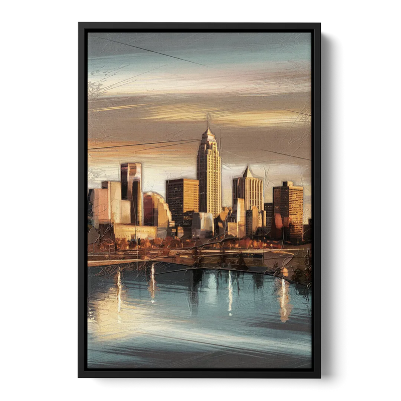 Des Moines Skyline Panorama Front - Black Canvas Wall Art