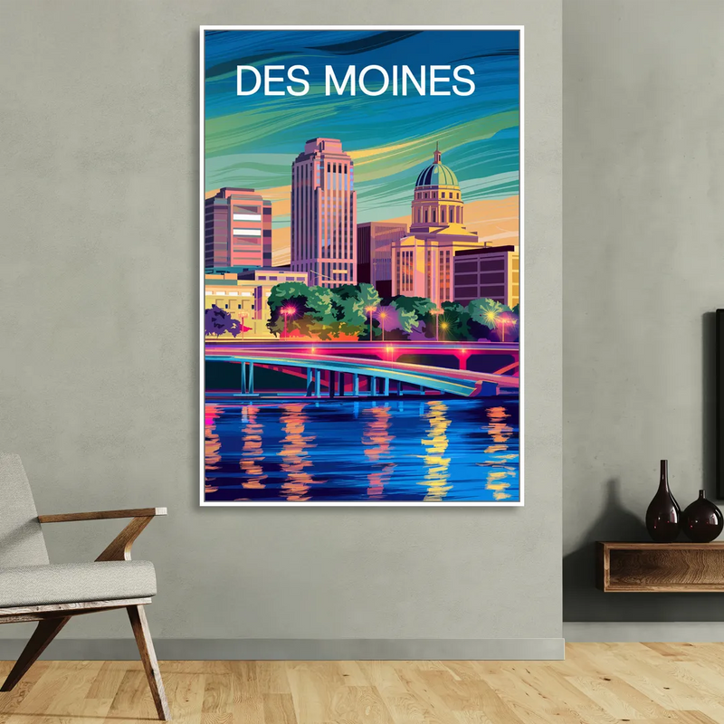 Des Moines Vibrant Cityscape Living Room - White Canvas Wall Art