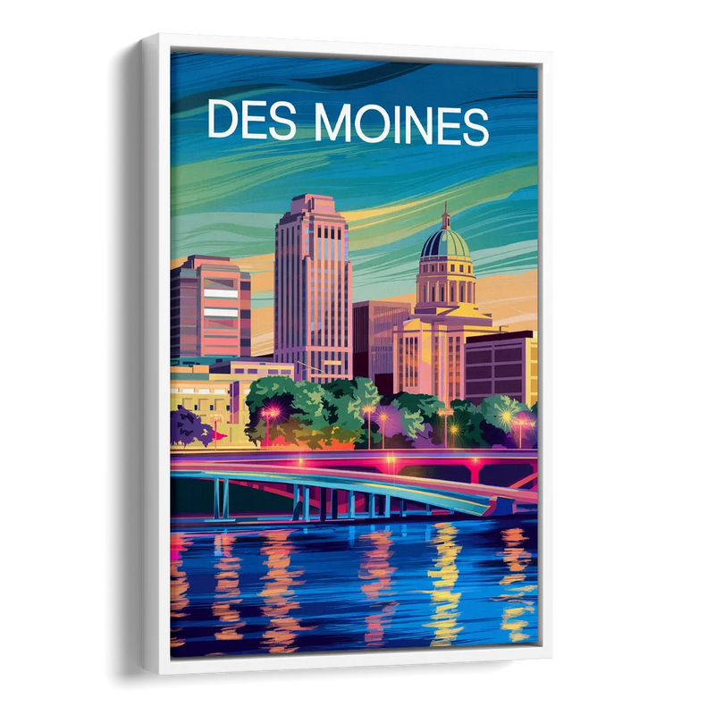 Des Moines Vibrant Cityscape Side - White Canvas Wall Art
