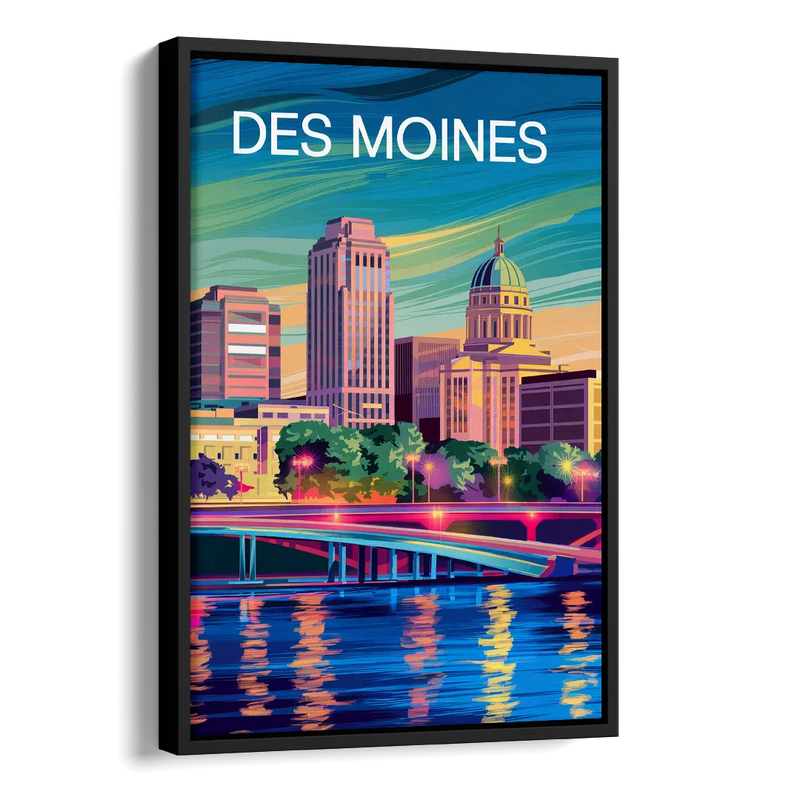 Des Moines Vibrant Cityscape Side - Black Canvas Wall Art
