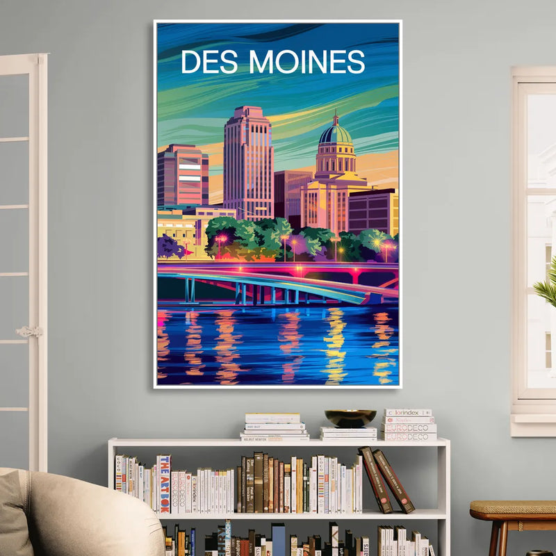 Des Moines Vibrant Cityscape Sitting Room - White Canvas Wall Art