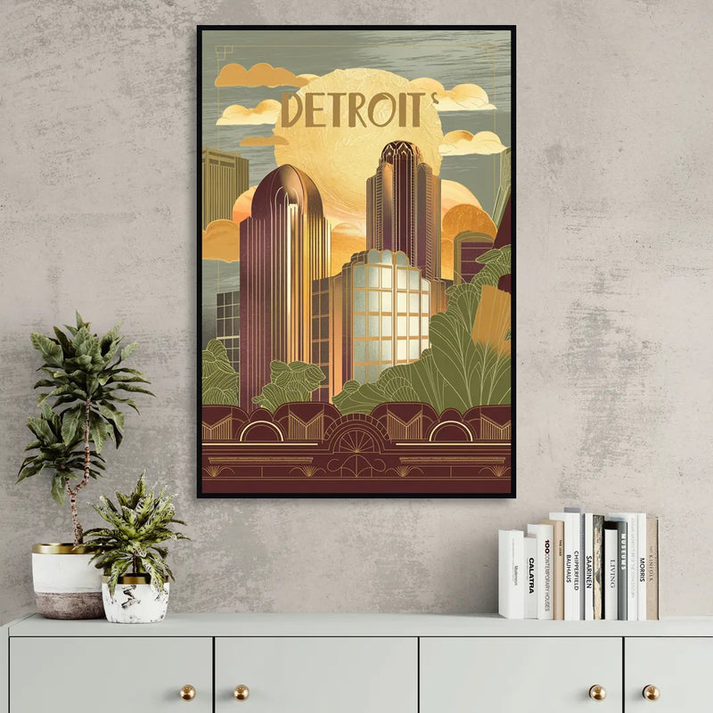 Detroit Architectural Beauty Living Room - Black Canvas Wall Art