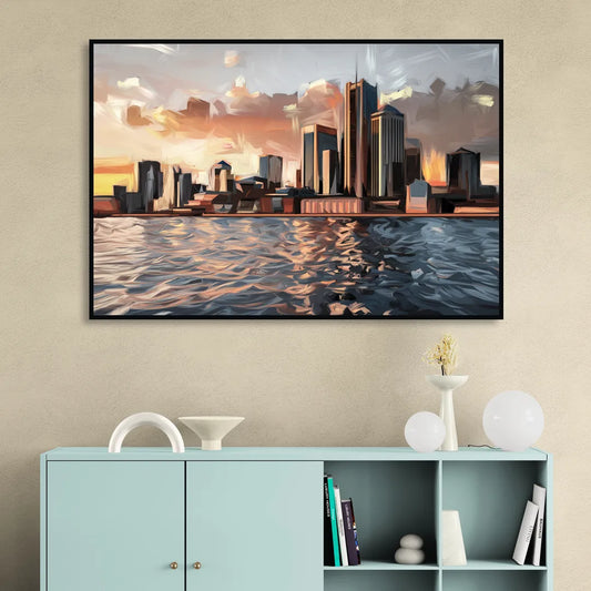 Detroit Cityscape Photography Living Room - Black Canvas Wall Art