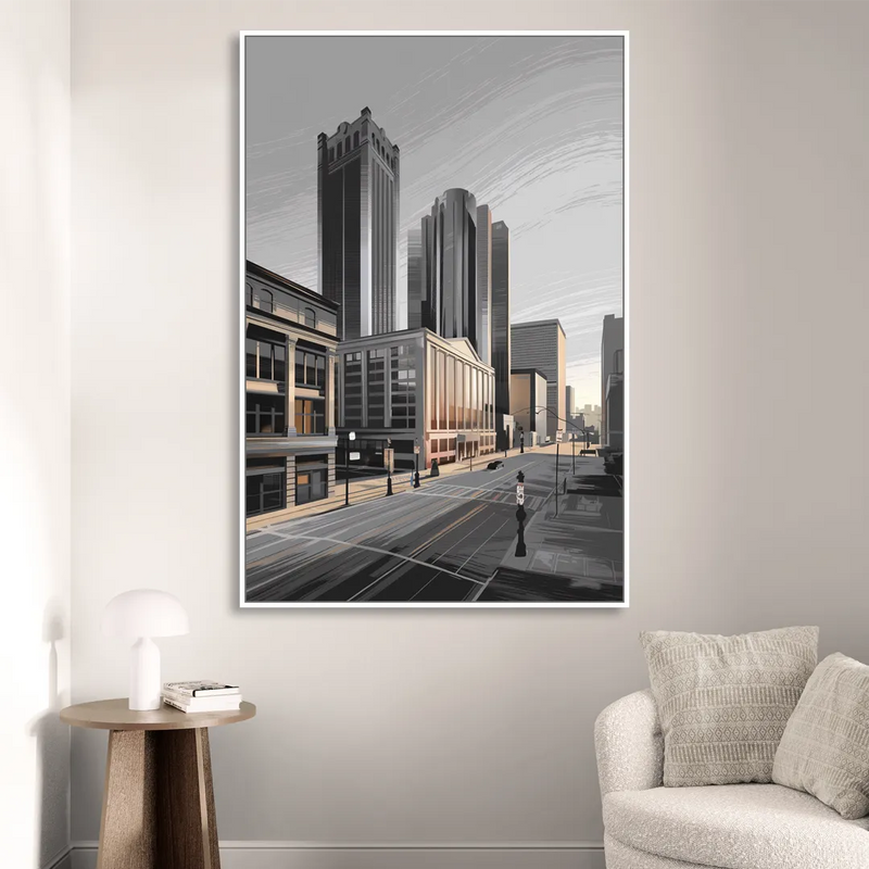 Detroit Downtown Streets Sitting Room - White Canvas Wall Art