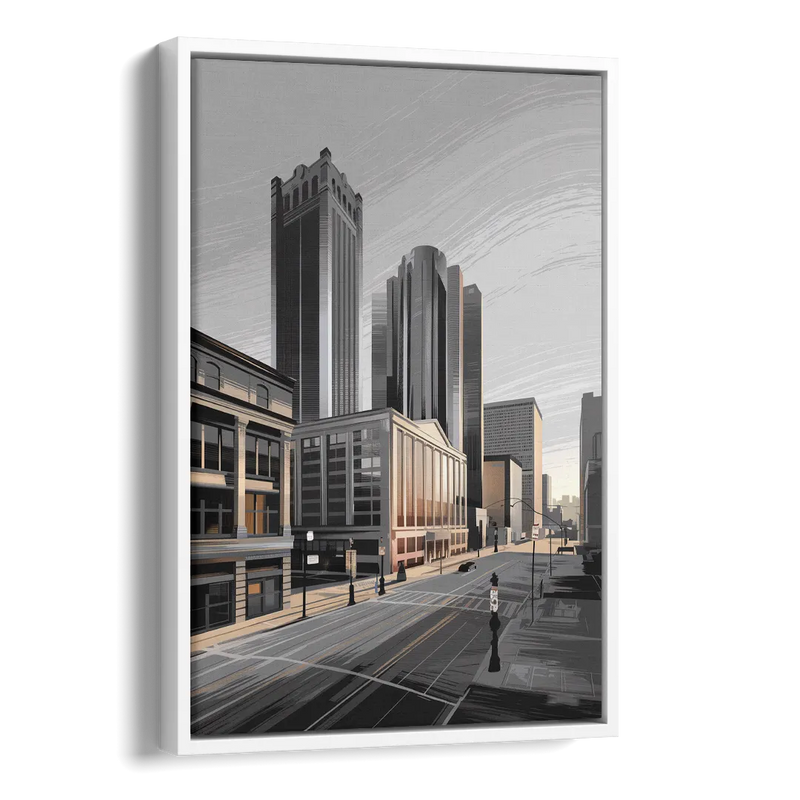 Detroit Downtown Streets Side - White Canvas Wall Art