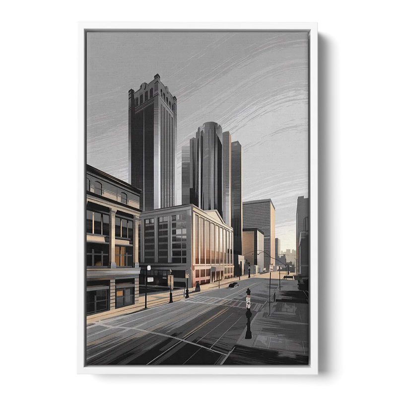 Detroit Downtown Streets Front - White Canvas Wall Art