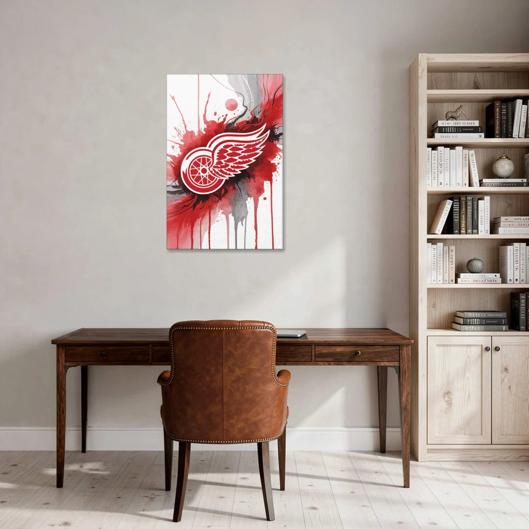 Detroit Red Wings Abstract Watercolor Art with Dynamic Elements - Canvas Wall Art - Office - 24x36