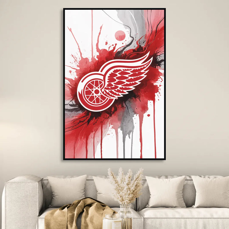 Detroit Red Wings Abstract Watercolor Art with Dynamic Elements Sitting Room - Black Canvas Wall Art