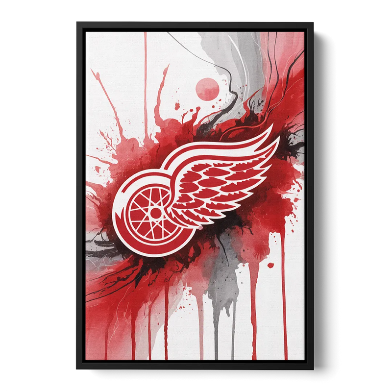 Detroit Red Wings Abstract Watercolor Art with Dynamic Elements Front - Black Canvas Wall Art