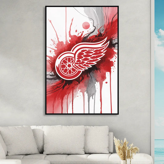 Detroit Red Wings Abstract Watercolor Art with Dynamic Elements Living Room - Black Canvas Wall Art
