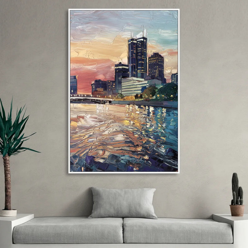 Detroit Riverfront View Sitting Room - White Canvas Wall Art