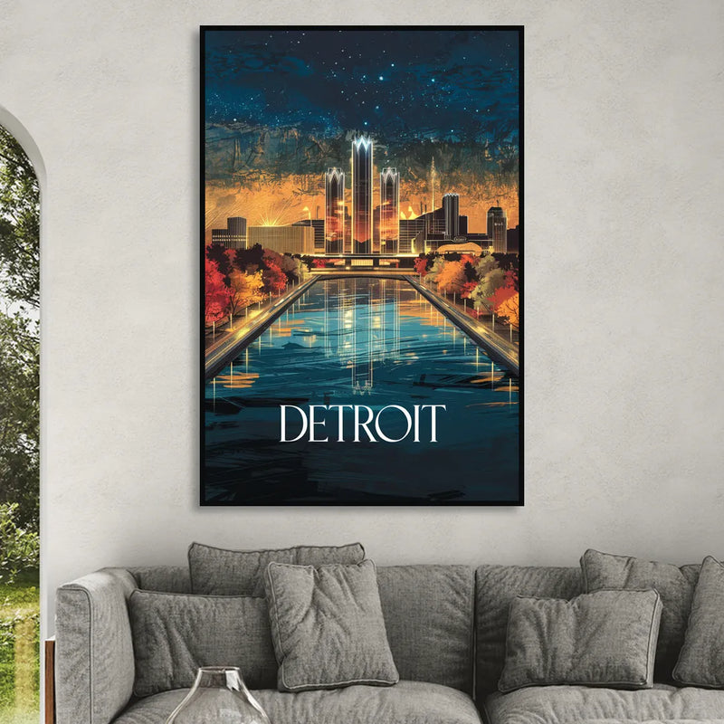 Detroit Scenic Nightscape Living Room - Black Canvas Wall Art