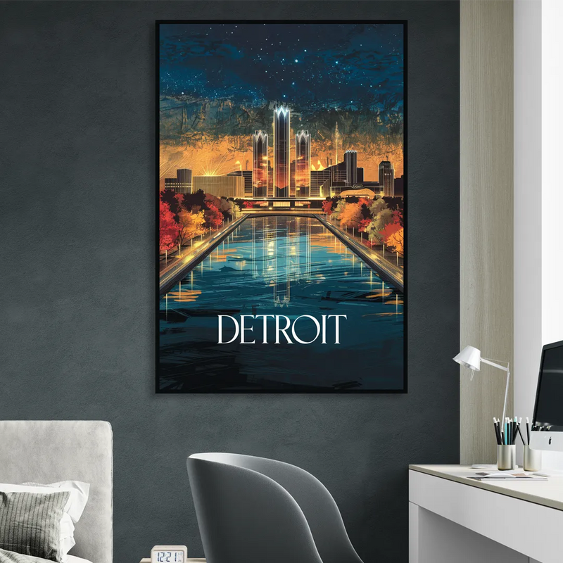 Detroit Scenic Nightscape Sitting Room - Black Canvas Wall Art