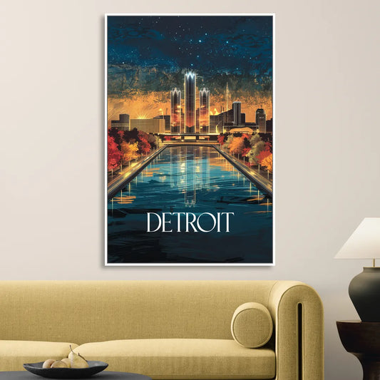 Detroit Scenic Nightscape Living Room - White Canvas Wall Art