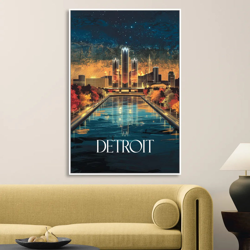 Detroit Scenic Nightscape Living Room - White Canvas Wall Art