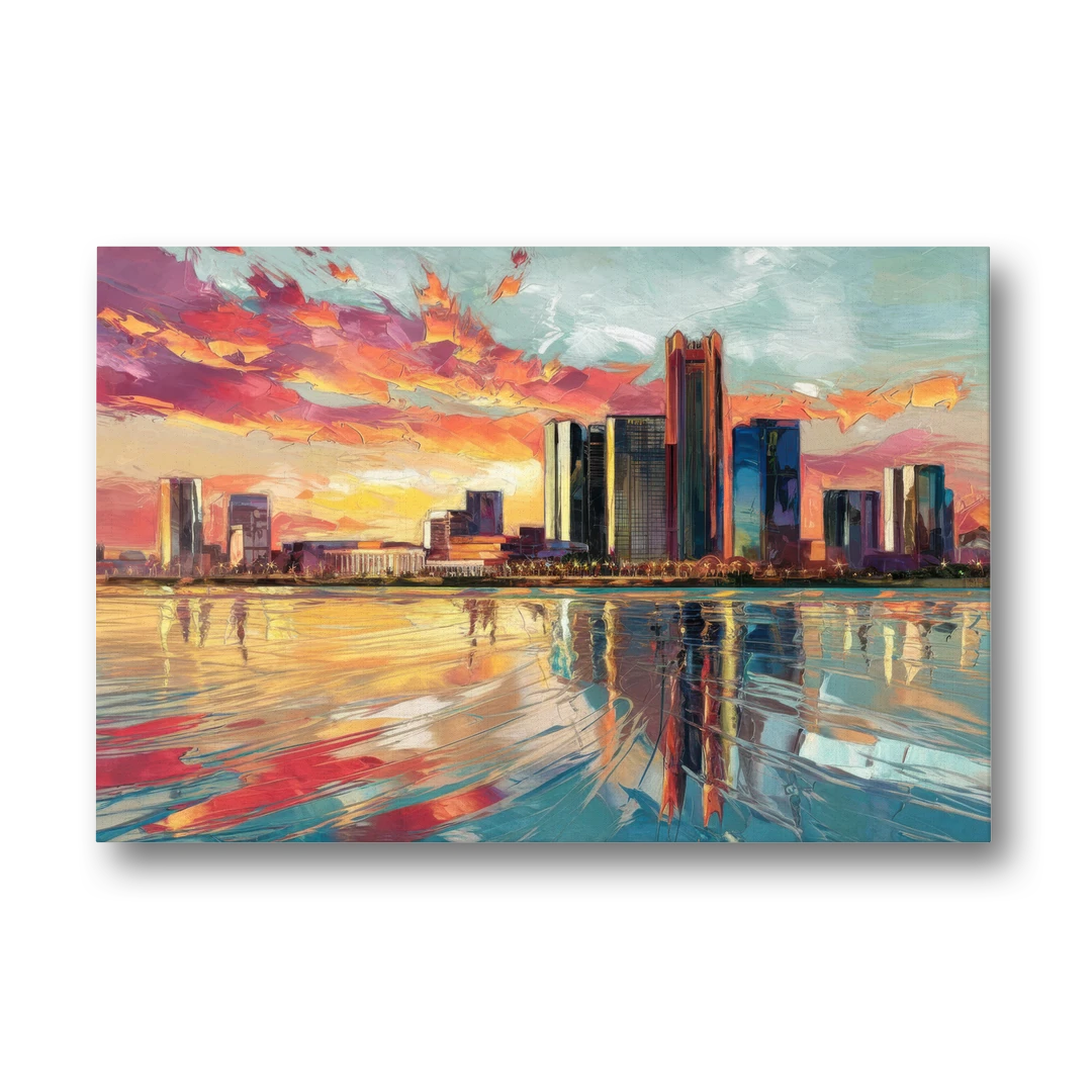 Detroit Skyline At Sunset - Canvas Wall Art - Front