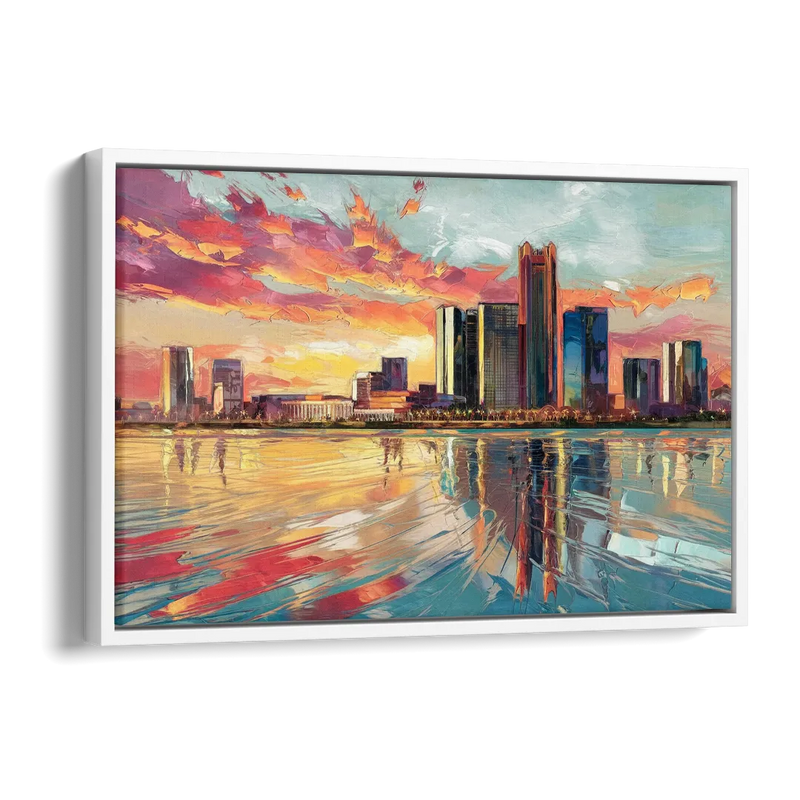Detroit Skyline At Sunset Side - White Canvas Wall Art