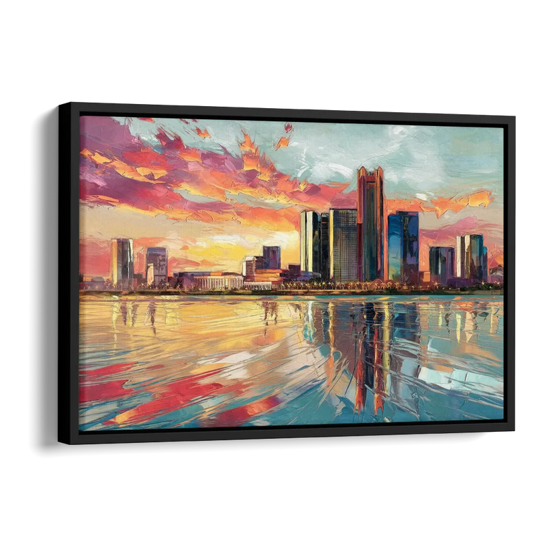 Detroit Skyline At Sunset Side - Black Canvas Wall Art
