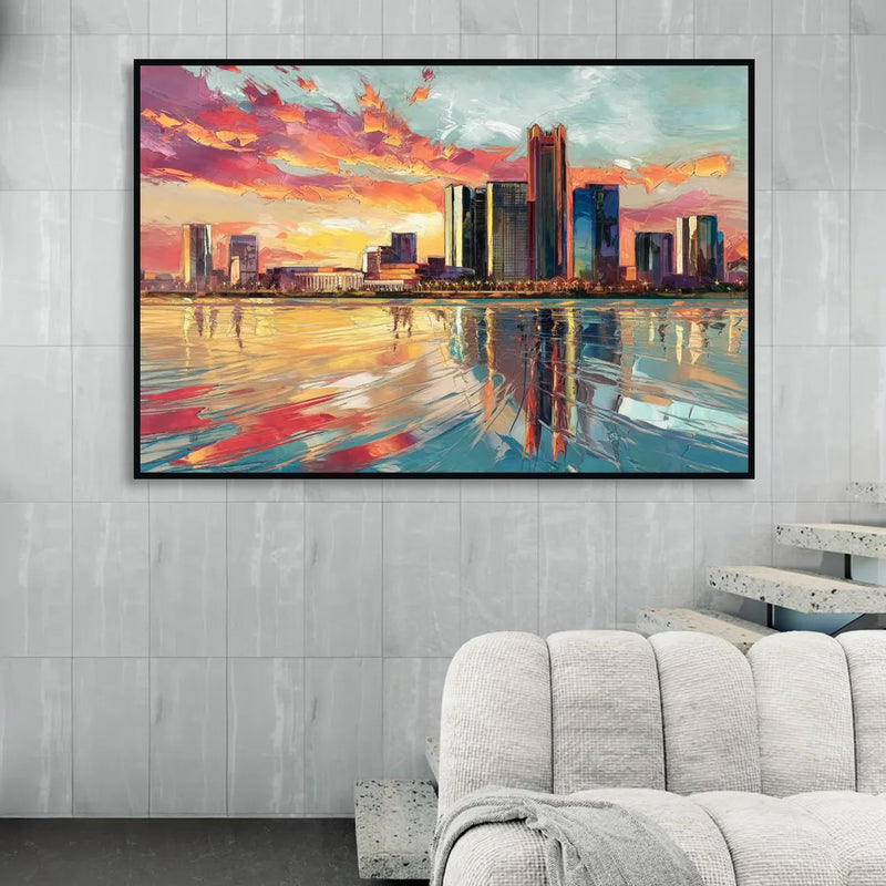 Detroit Skyline At Sunset Living Room - Black Canvas Wall Art