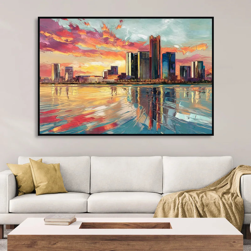 Detroit Skyline At Sunset Sitting Room - Black Canvas Wall Art
