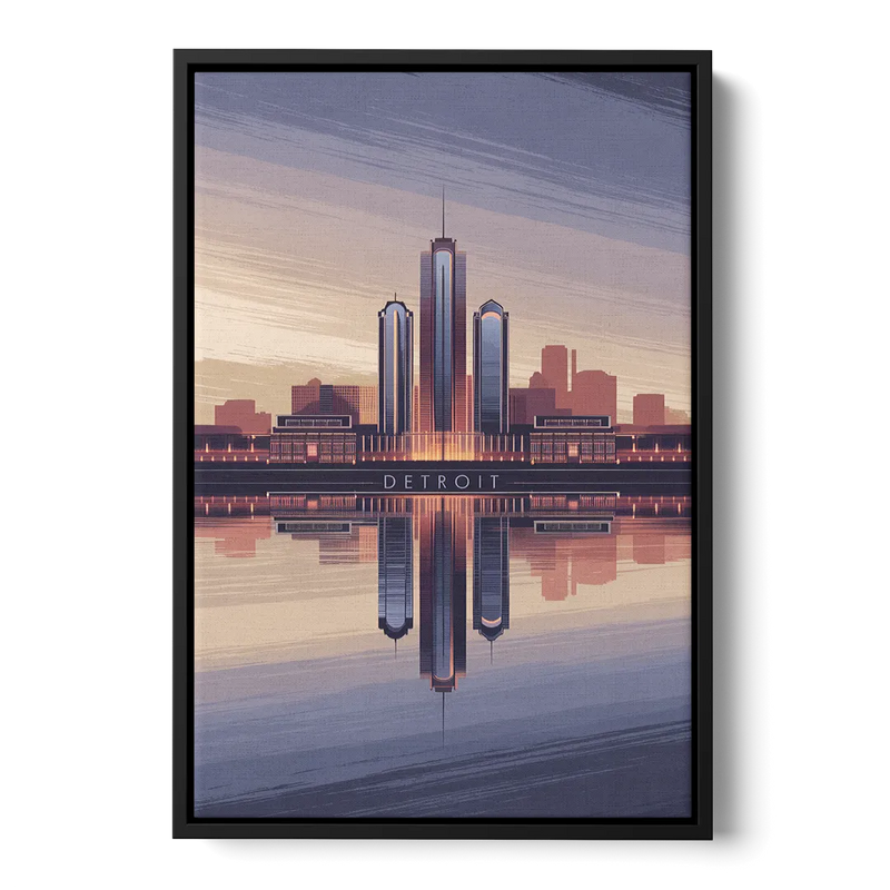 Detroit Skyline Reflections Front - Black Canvas Wall Art