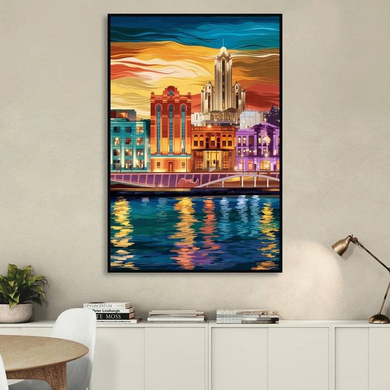 Detroit Vibrant Cityscape Sitting Room - Black Canvas Wall Art
