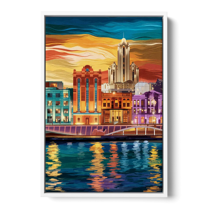 Detroit Vibrant Cityscape Front - White Canvas Wall Art