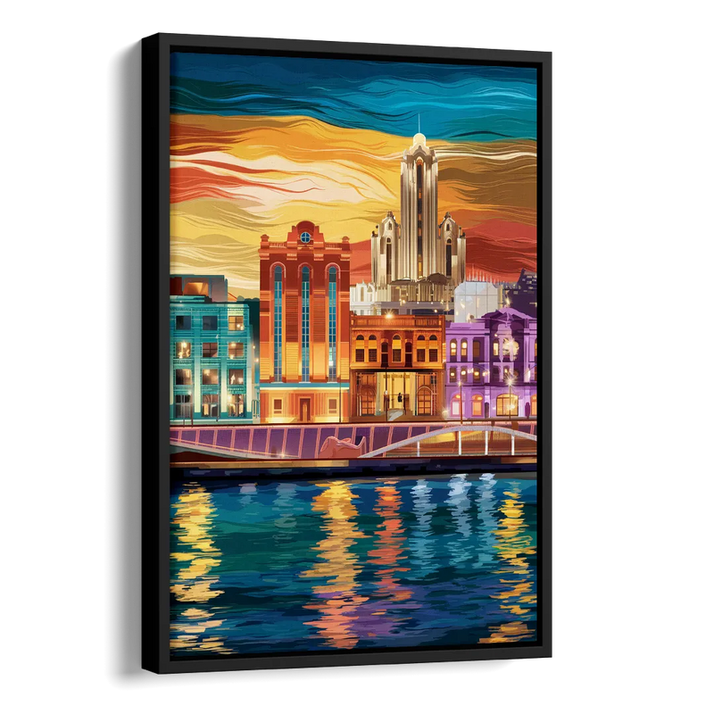 Detroit Vibrant Cityscape Side - Black Canvas Wall Art