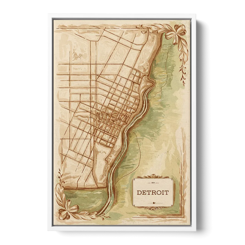 Detroit Vintage Map Front - White Canvas Wall Art