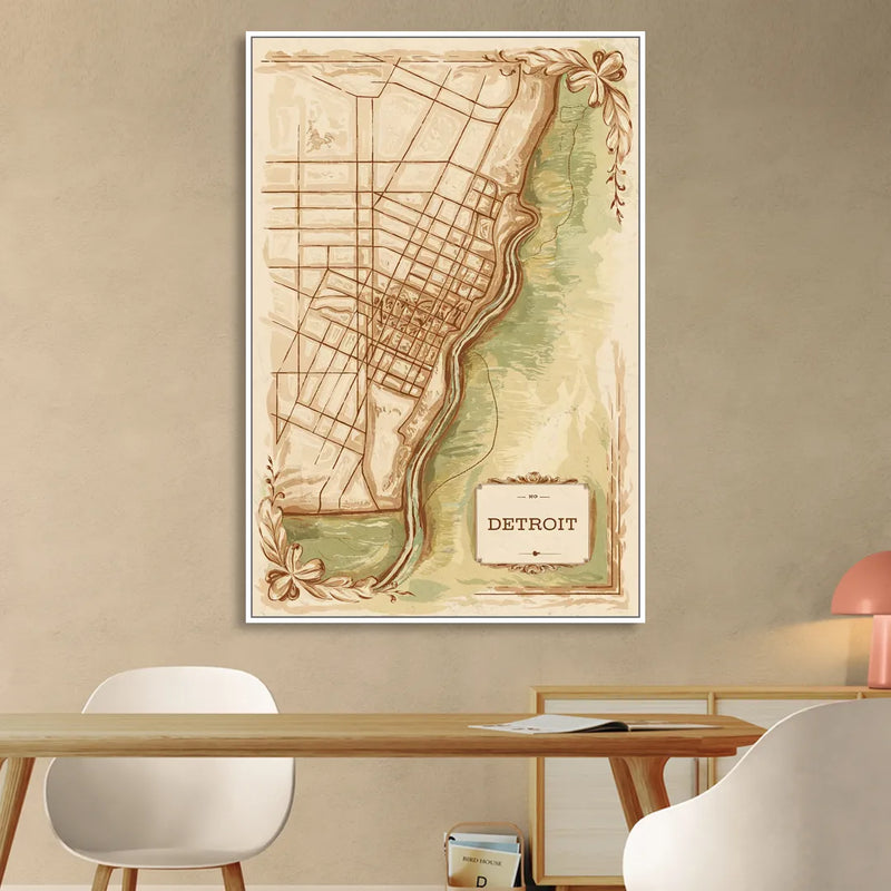 Detroit Vintage Map Sitting Room - White Canvas Wall Art