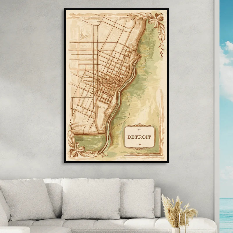 Detroit Vintage Map Sitting Room - Black Canvas Wall Art