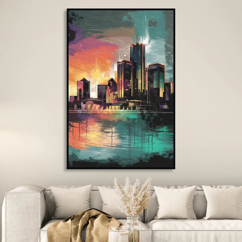 Detroit Waterfront Scene Sitting Room - Black Canvas Wall Art