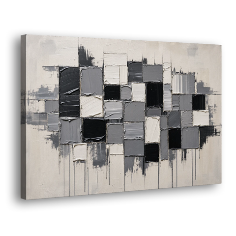 Dripping Grid of Black and Grey Squares - Canvas Wall Art