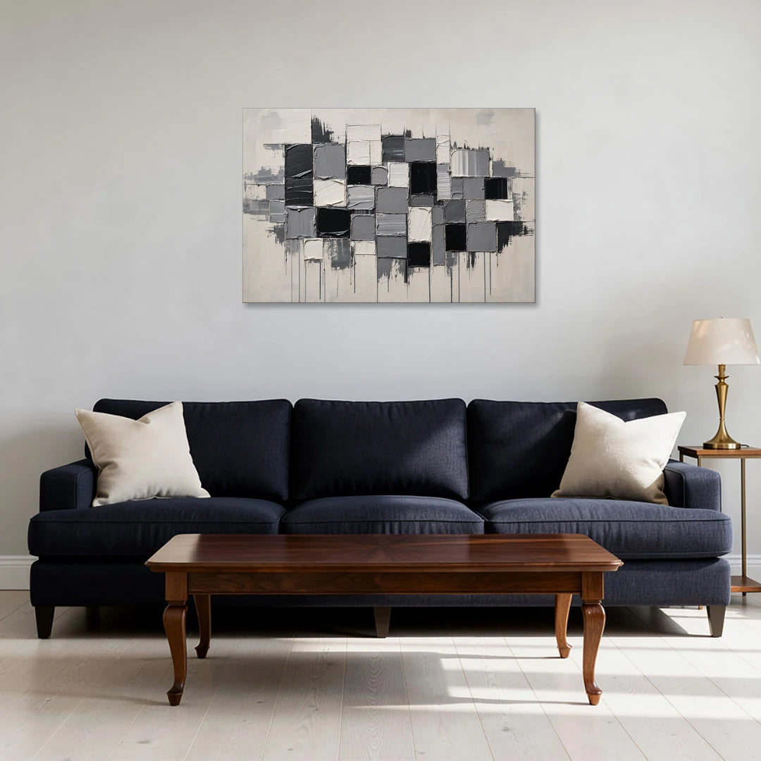 Dripping Grid of Black and Grey Squares - Canvas Wall Art - Sofa - 36x24