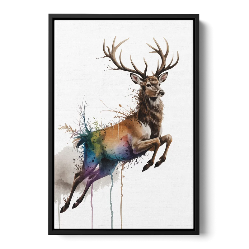 Dynamic Deer Leap Front - Black Canvas Wall Art