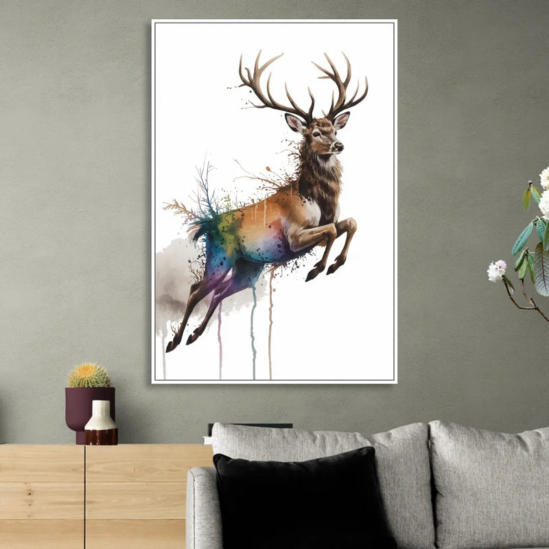 Dynamic Deer Leap Sitting Room - White Canvas Wall Art