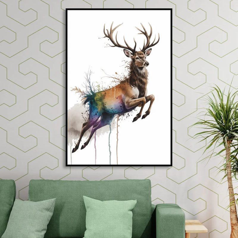 Dynamic Deer Leap Sitting Room - Black Canvas Wall Art