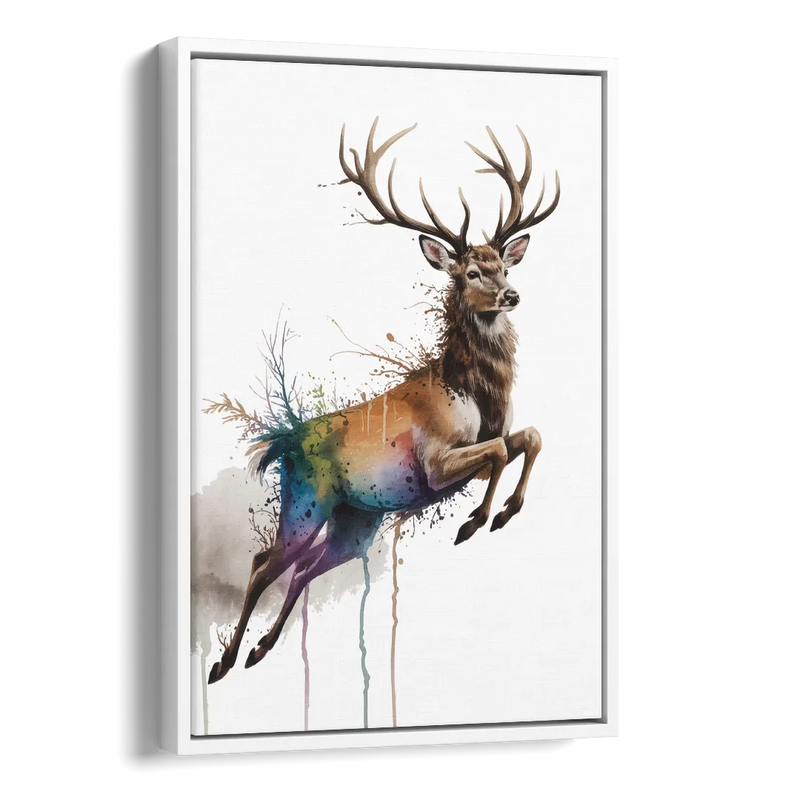 Dynamic Deer Leap Side - White Canvas Wall Art