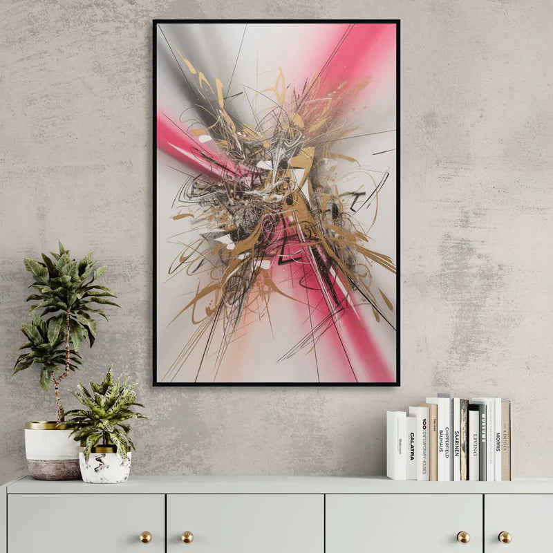 Dynamic Geometric Harmony Pink and Gold Abstract Sitting Room - Black Canvas Wall Art