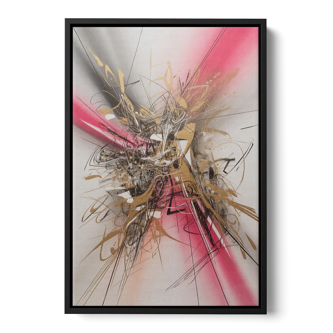 Dynamic Geometric Harmony Pink and Gold Abstract - Black Frame Canvas