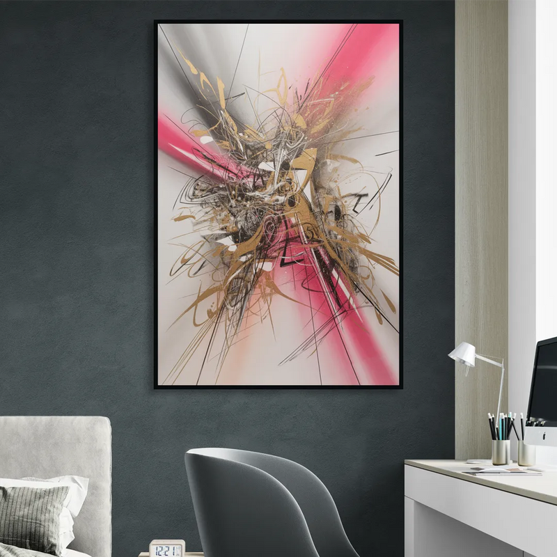 Dynamic Geometric Harmony Pink and Gold Abstract Living Room - Black Canvas Wall Art