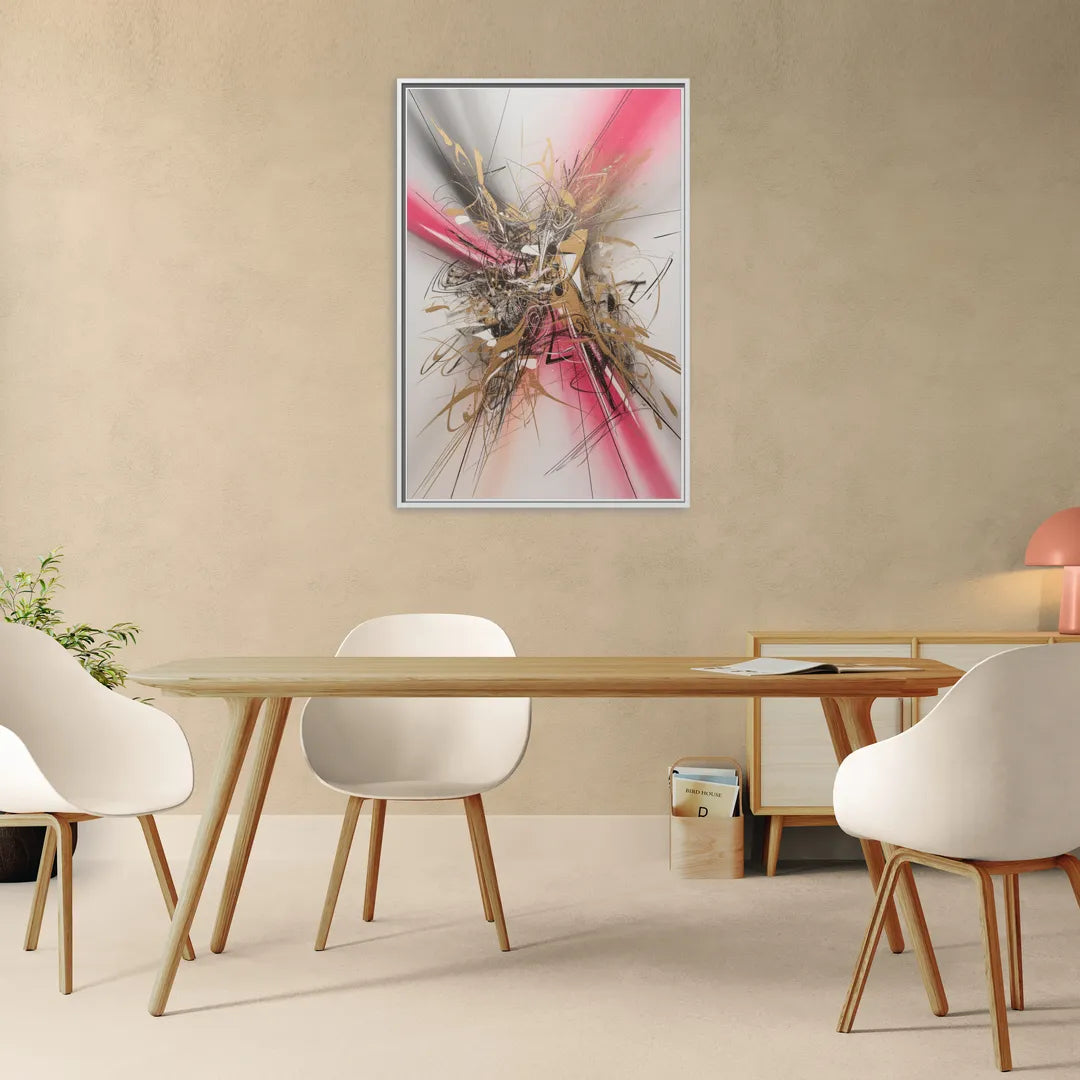 Dynamic Geometric Harmony Pink and Gold Abstract - Living Room White Frame Canvas