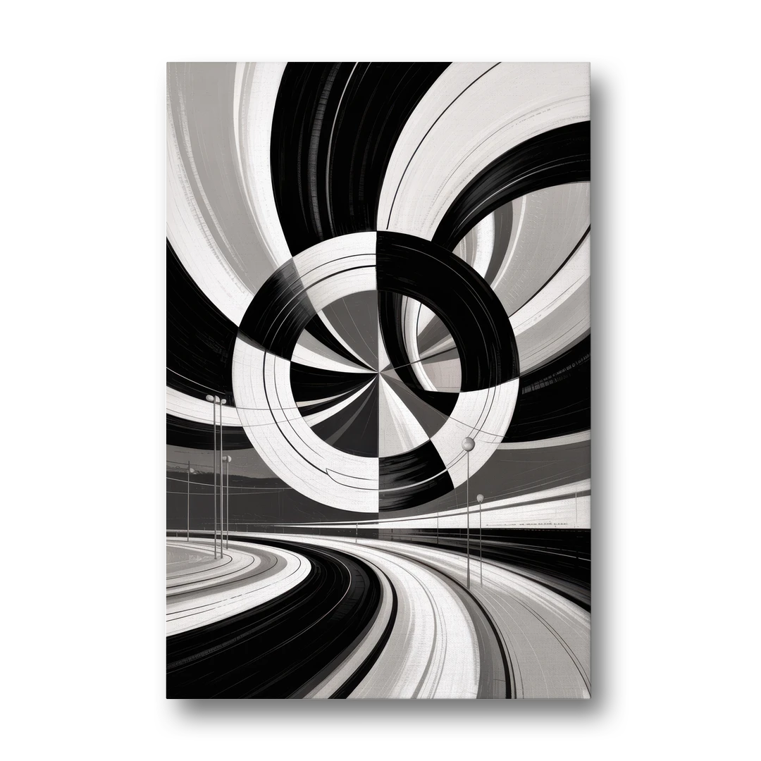 Dynamic Geometric Motion Black and White Abstract - Canvas Wall Art - Front